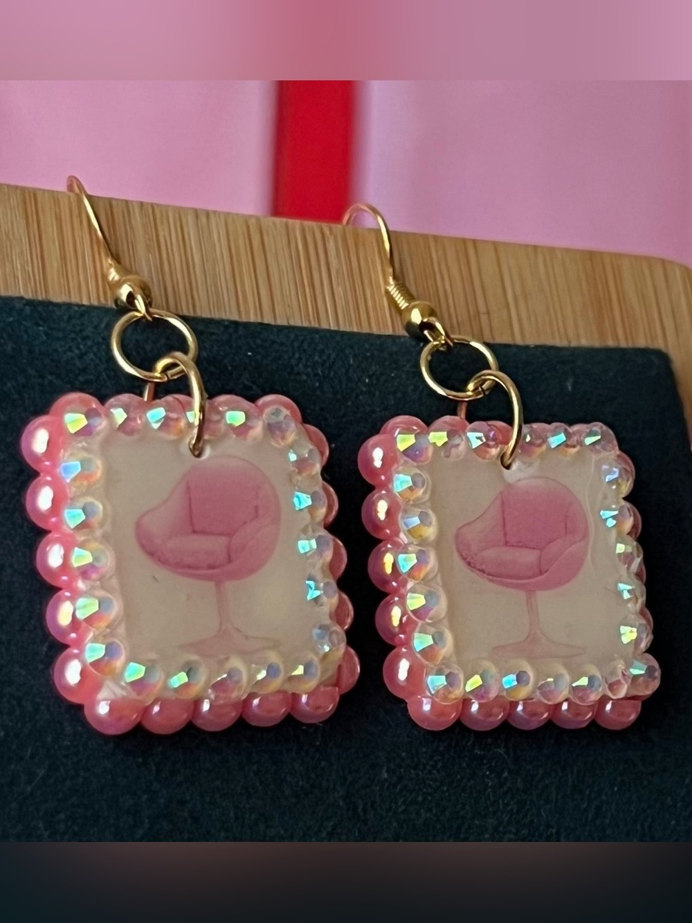 Mid-Century Pink Chair Charm Earrings | Pearl & Rhinestone Dangles